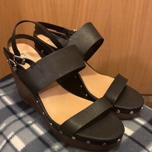 Elegant Black Leather Wedge Sandals
